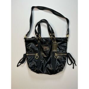 Vintage Coach Black Patent Leather Poppy Daisy Liquid Glass Heart Zipper Bag EUC